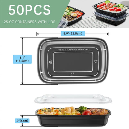 50 Pack Meal Prep Containers, 25Oz Plastic Food Storage Containers with Lids to Go Containers, Bento Box Reusable BPA Free Lunch Boxes, Disposable Stackable, Microwave/Dishwasher/Freezer Safe