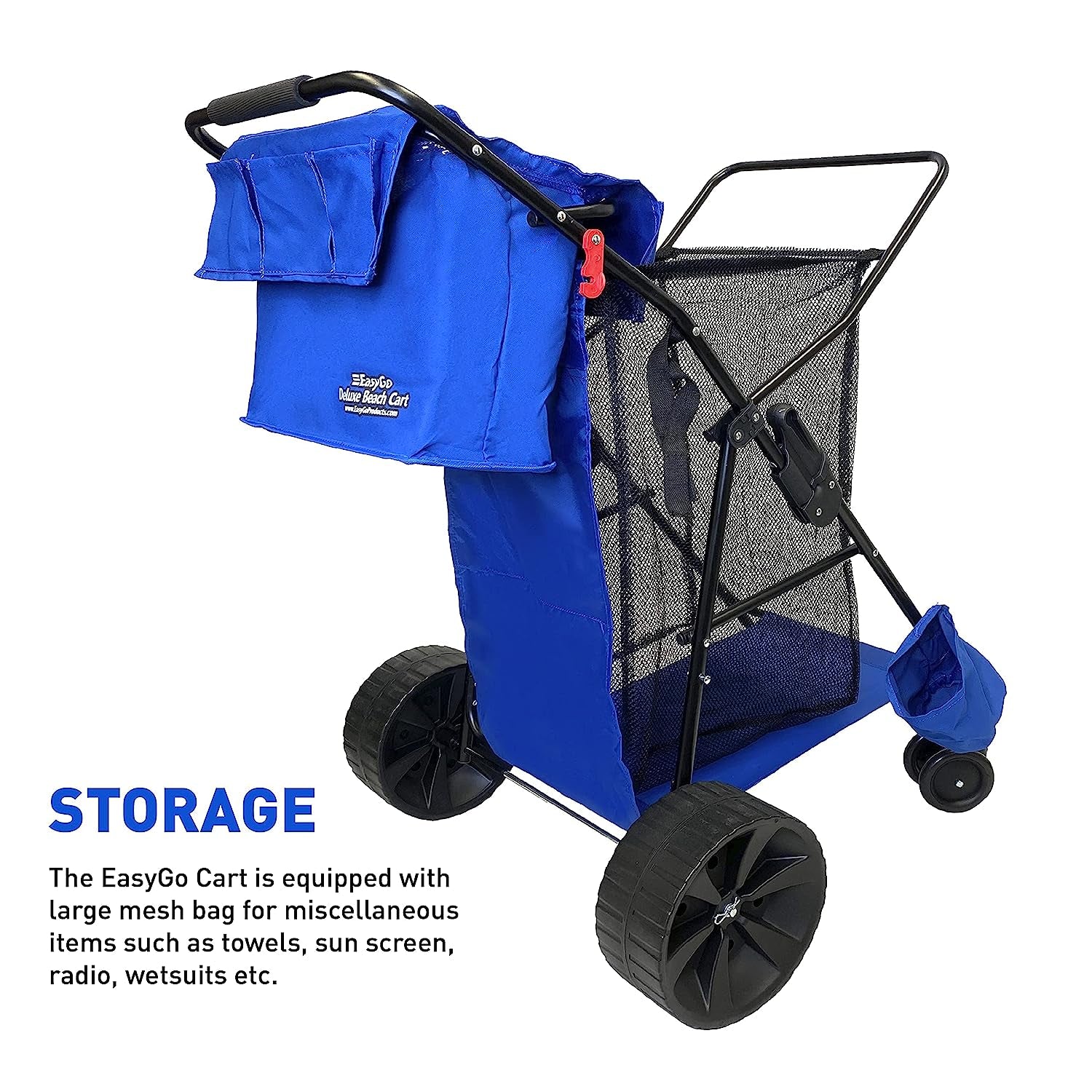 Beach Umbrella Wagon Cart Deluxe – Heavy Duty Folding Ocean Utility Cart – Large Sand Wheels – Holds 4 Beach Chairs – Storage Pouch - Beach Umbrella Holder –Removable Beach Bag - Solid Blue