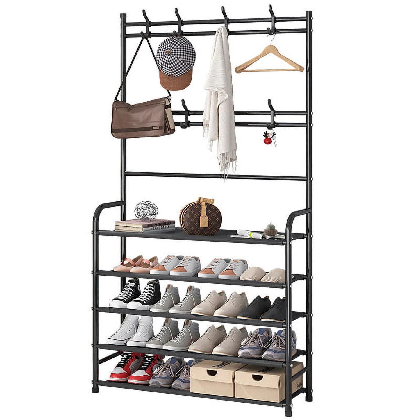 Coat Rack, Coat Rack Stand with 5 Shelves Storage for Entryway Hallway 31*10*67 Inches Hall Tree Shoe Rack