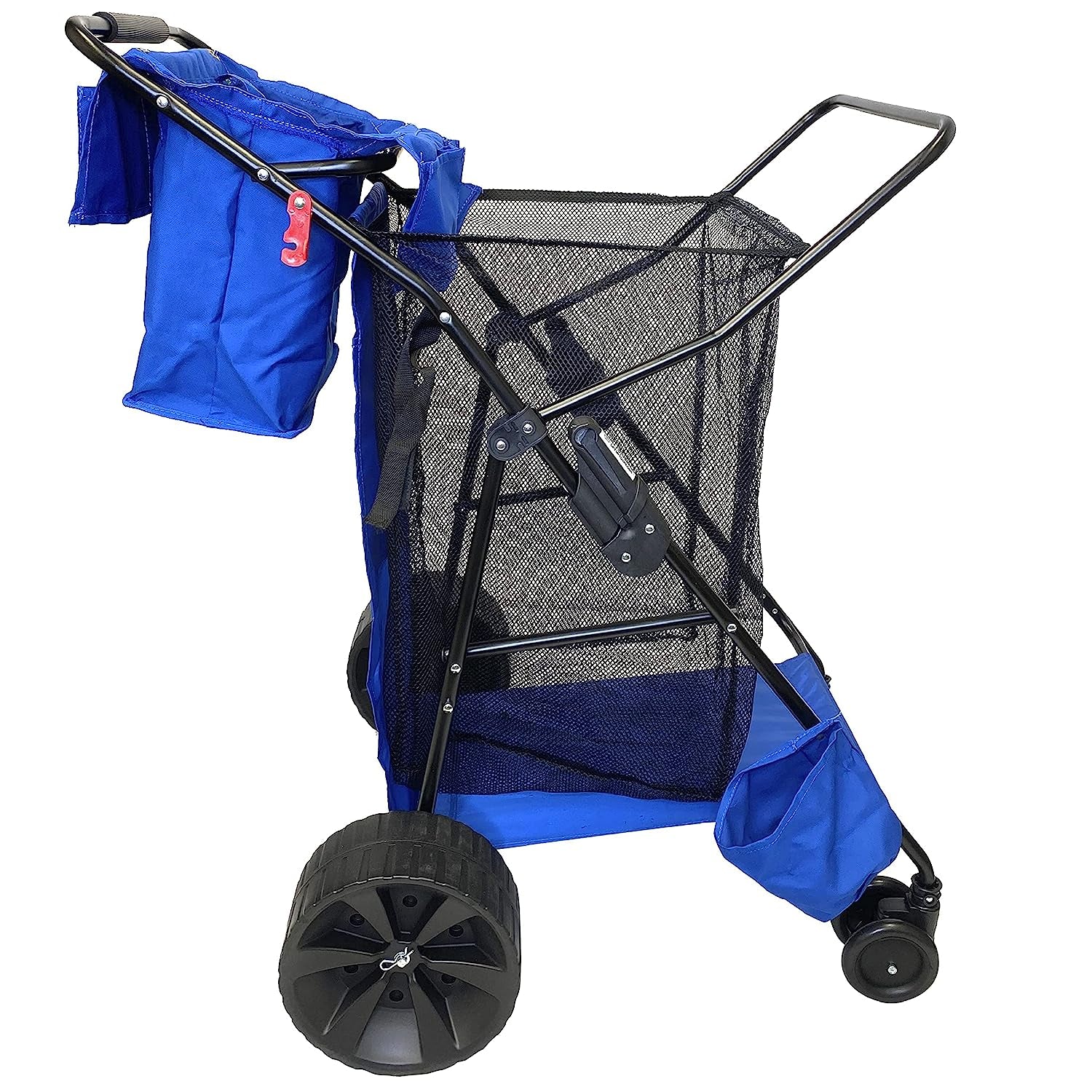 Beach Umbrella Wagon Cart Deluxe – Heavy Duty Folding Ocean Utility Cart – Large Sand Wheels – Holds 4 Beach Chairs – Storage Pouch - Beach Umbrella Holder –Removable Beach Bag - Solid Blue